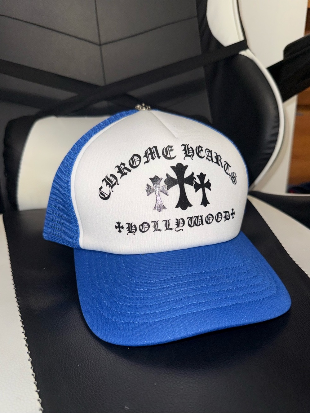 Chrome Hearts Royal Blue & White Logo Trucker Hat